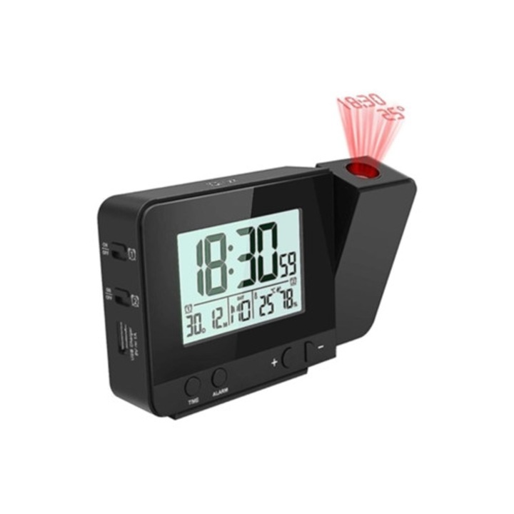 2024-es dekoratív vetítőóra, 180°-os projektorral, Aquaforge LED kijelzővel, USB tápellátással, akkumulátor tartalékkal