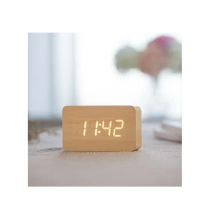 Aquaforge digitális fa dekor óra, téglalap alakú LED kijelző, hangvezérlés, állítható fényerő, 10x5x3cm