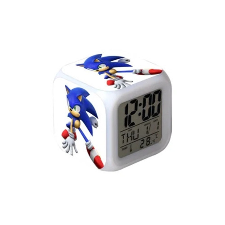 Sonic the Hedgehog színes LED-es négyzet alakú digitális dekoratív óra, ébresztő, hőmérséklet és dátum funkciókkal, Aquaforge