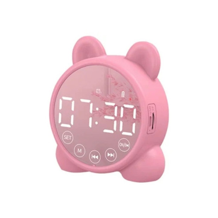 Gyermek ébresztőóra Bluetooth hangszóróval, digitális időzítő tükörrel, rózsaszín, 30x10x10cm