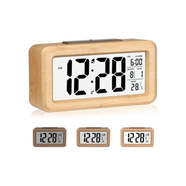 Bambusz digitális ébresztőóra, hőmérséklettel, dátummal, háttérvilágítással, szett.