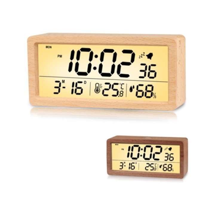 Aquaforge digitális fa dekoróra, LED, szundi funkcióval, dátummal, hőmérséklettel és páratartalommal