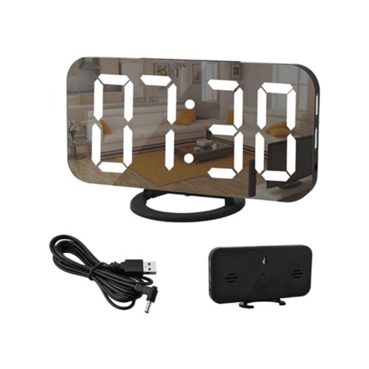 Digitális ébresztőóra, nagy 6,5" LED kijelző, 2 USB port, fekete