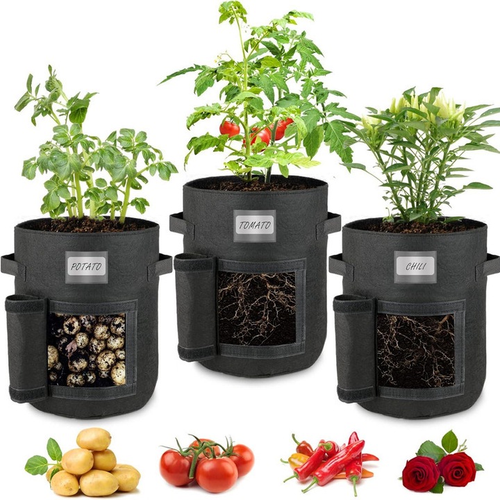 Set 3 saci plante, Luoistu, 35cm x 45cm, material netesut, cu manere robuste