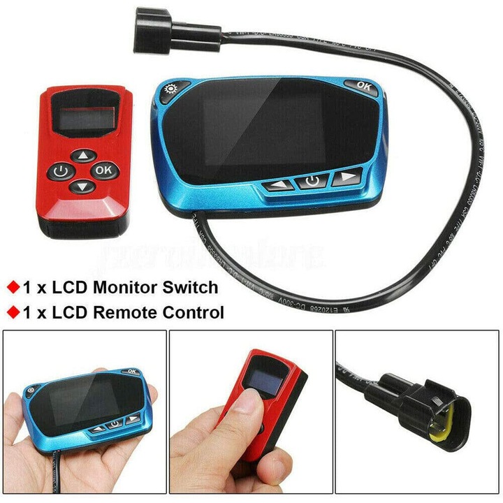 Încălzitor de parcare Bedee, set complet, cu telecomandă și comutator LCD, roșu și albastru, 12V/24V