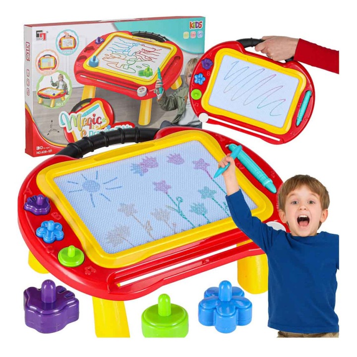 Masa educativă 2-in-1 KIK cu tablă magnetică, 3 stampile colorate, roșu cu detalii galbene și negre, 28x30x19cm