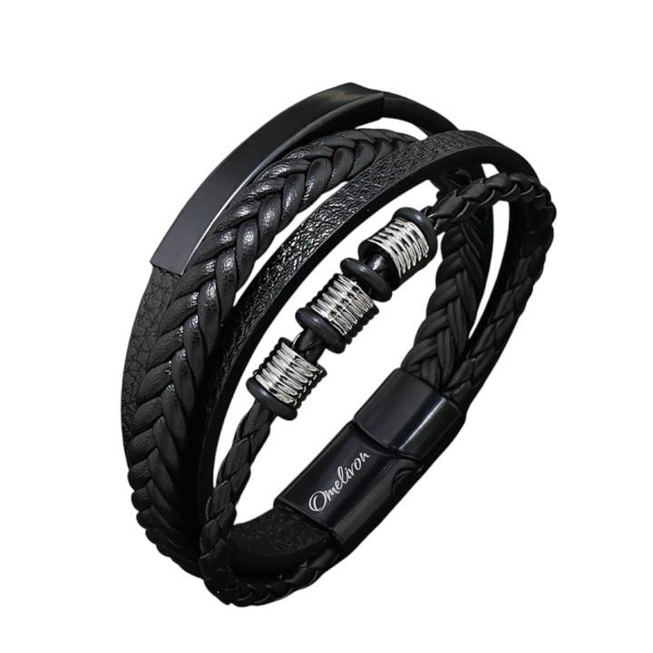 Bratara barbateasca din piele impletita, neagra, inchidere magnetica, 21.5cm