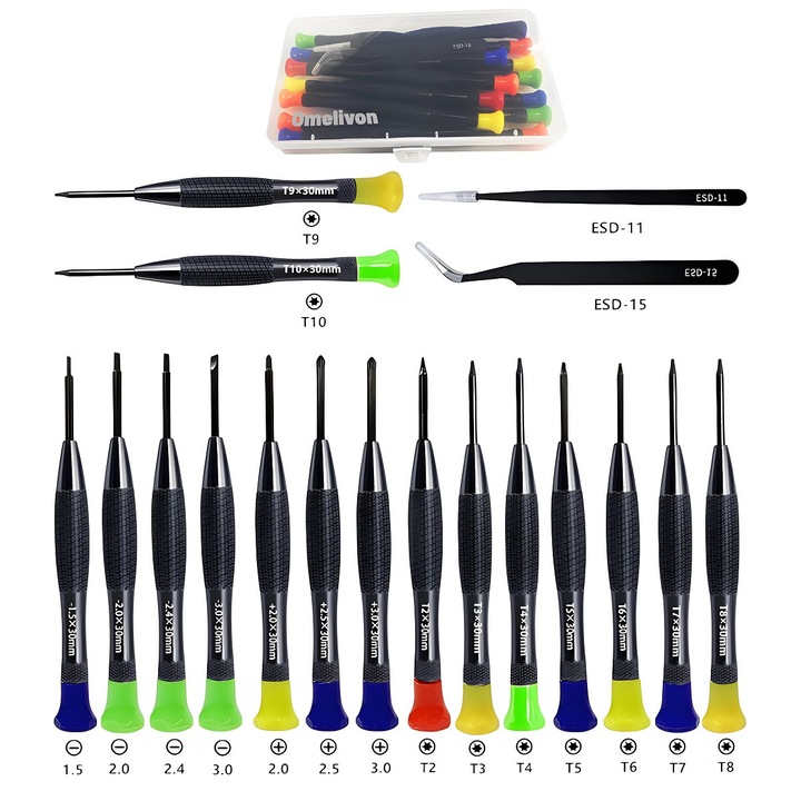 Комплект от 18 магнитни, антистатични, многоцветни отвертки, 30 мм