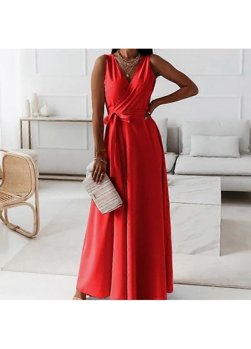 Női Maxi Ruha, V-nyakú, Megkötős Derék, Ujjatlan, Piros, Alkalmi Szabású