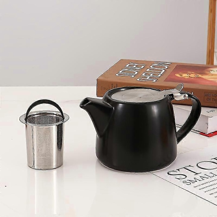 Kerámia teáskanna, rozsdamentes acél infúzió, matt fekete