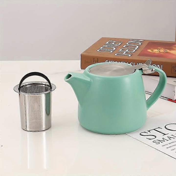 Kerámia teáskanna, rozsdamentes acél infúzió, matt türkiz