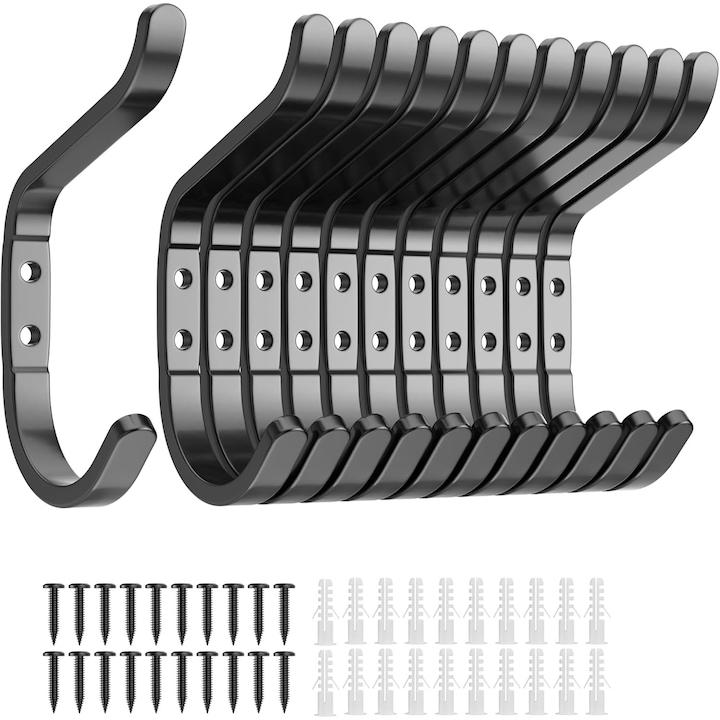 Set 12 Agatatori pentru Haine, Aluminiu, pentru Baie, Usi, Dulapuri, Negru - CN