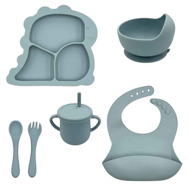 Set complet pentru diversificare bebelusi, din silicon alimentar sigur si inodor, fara BPA, antiderapant, 6 piese, dusty blue