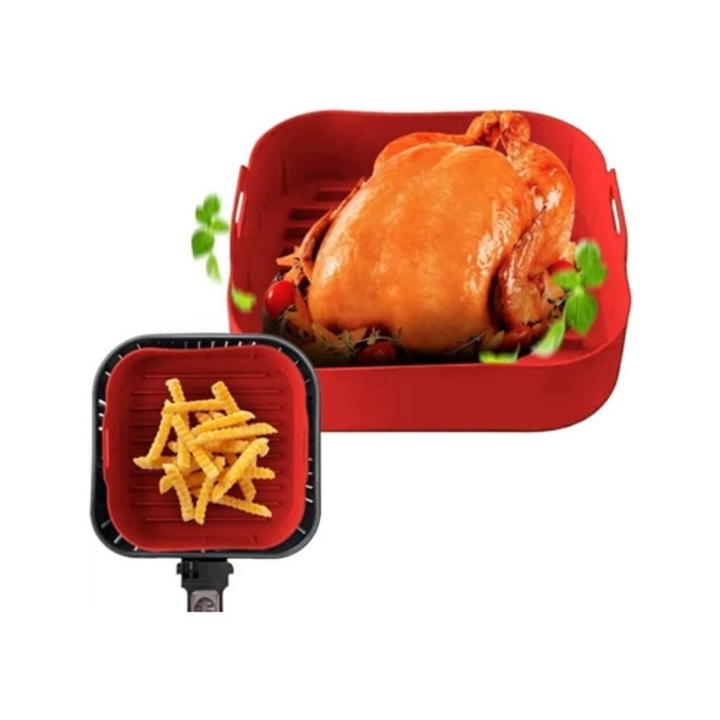 Set 3 forme patrate reutilizabile pentru friteuza cu aer, silicon, rosu