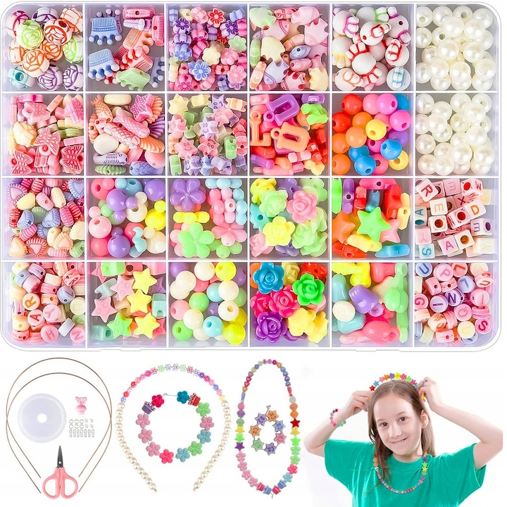 Kit pentru confectionarea bratarilor, OEM, 240 de margele, 2 baze pentru bentite, sir de bijuterii, pandantive pentru cercei, foarfece, Multicolor, Kitul include 24 de tipuri de margele, 2 baze pentru bentite, sir de bijuterii, pandantive pentru cercei