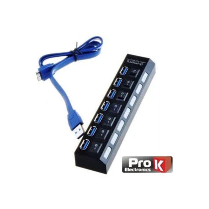 USB 3.0 elosztó 7 porttal és be/ki kapcsolóval