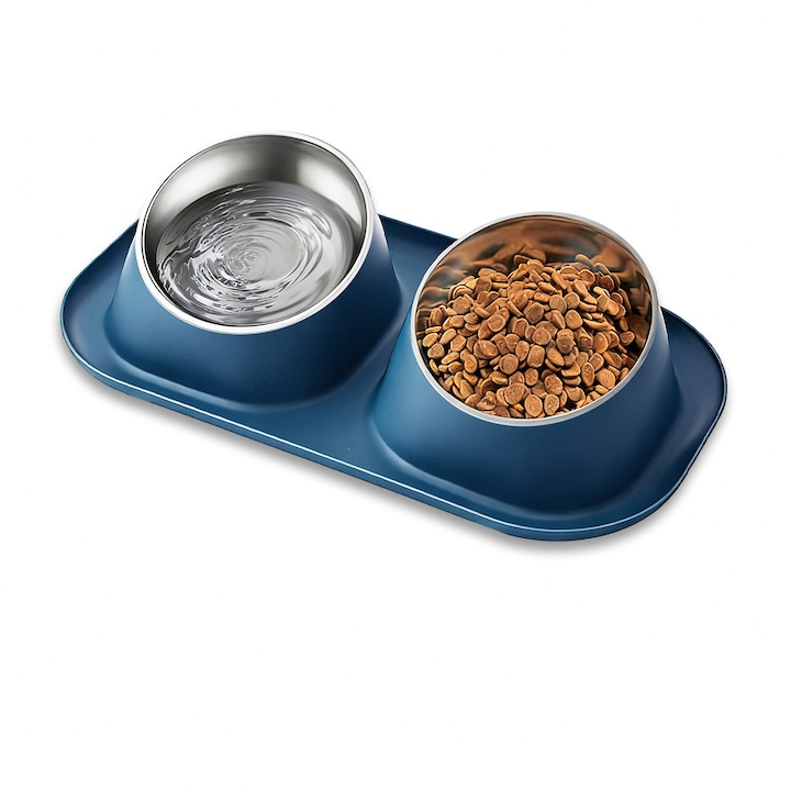 Set de boluri pentru animale de companie, Yulinland®, pentru hrana uscata sau umeda si pentru apa, cu covoras din silicon antiderapant, pentru Caini si Pisici, Otel inoxidabil / PP, Albastru