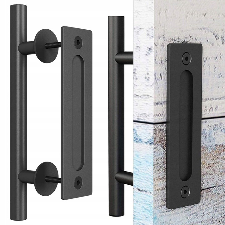 Maner glisant pentru uși din lemn, 30cm, negru, din oțel mat, set complet