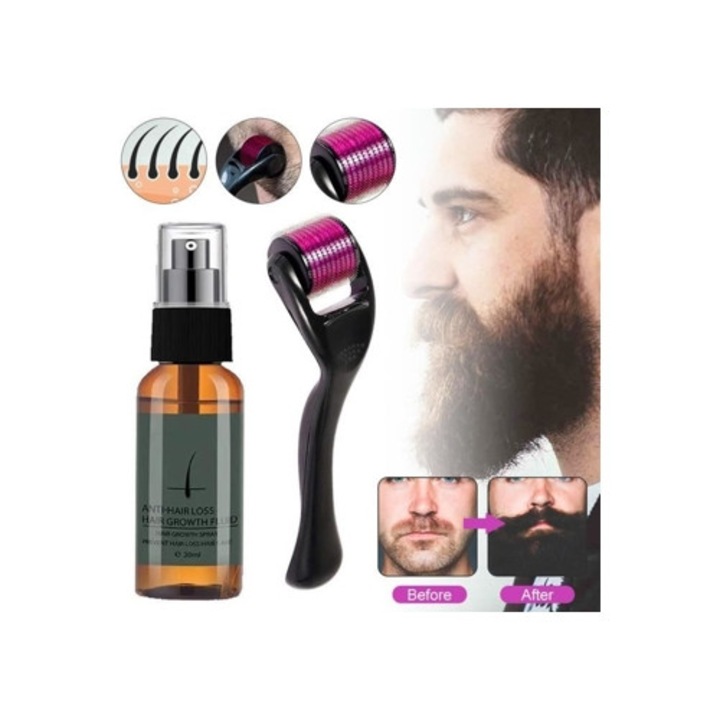 Ser Activator de Crestere a Barbi pentru Barbati, Set cu Rola de Masaj, 30ml