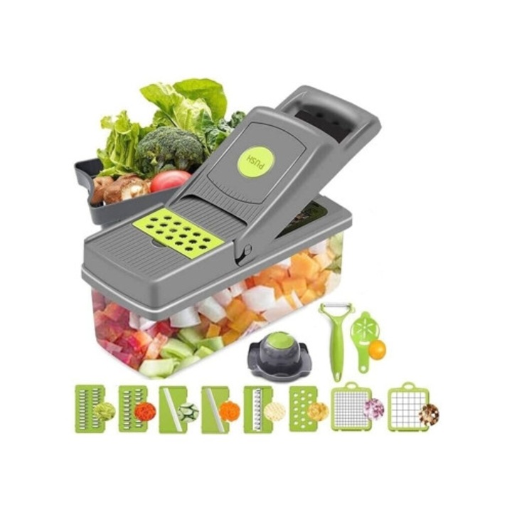 Set pentru maruntire legume, 14 piese, razatoare si recipient de colectare, curatator si feliator, placi schimbabile, gri/verde