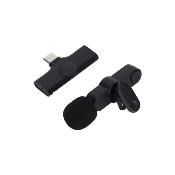 Microfon lavalier wireless, tip C, inregistrare audio si video, negru