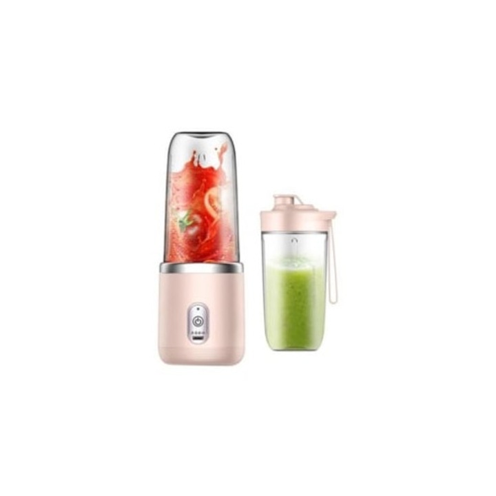 Blender portabil cu 6 lame, cu pahar si capac, USB reincarcabil, pentru sucuri de fructe mici, roz