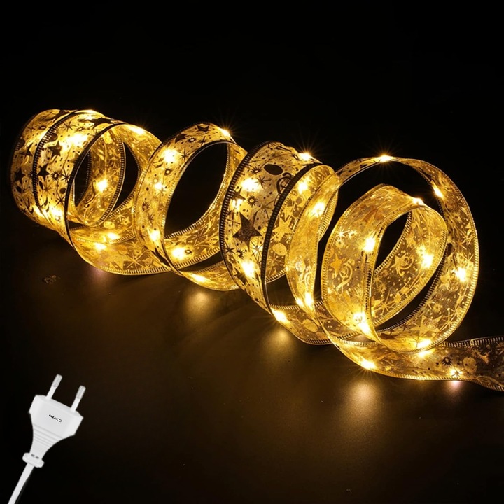 GREATON Arany Fényfüzér, 50 LED, 5m, 8 Fényjáték, Meleg Fehér Fény, Karácsonyfára és Dekorációra, Hálózati Tápellátás