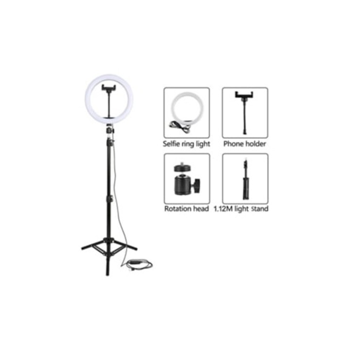 Gyűrűs fény állvánnyal, 26 cm, USB, távirányítóval, 2.10 m