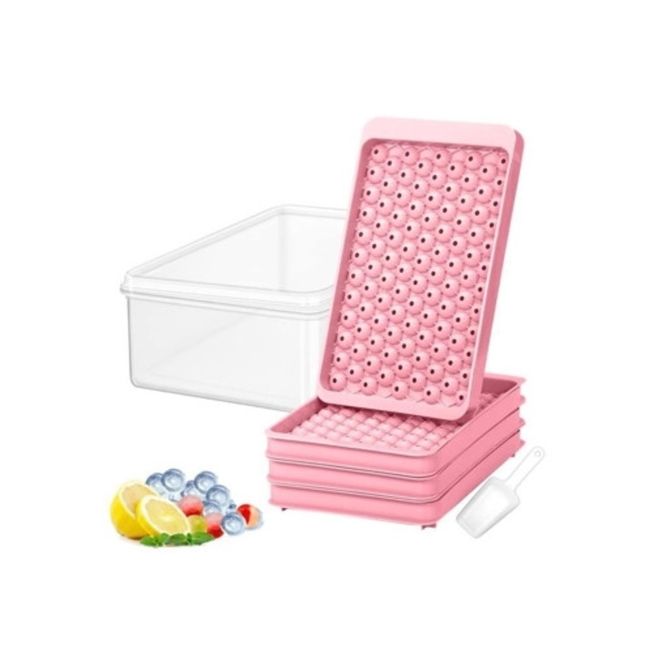 Jégkocka készítő forma fedővel, 4 rétegű, 104 rácsos, rózsaszín