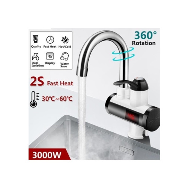 Elektromos csaptelep 220V 3000W, 360°-ban forgatható, rozsdamentes acél, gyors fűtés