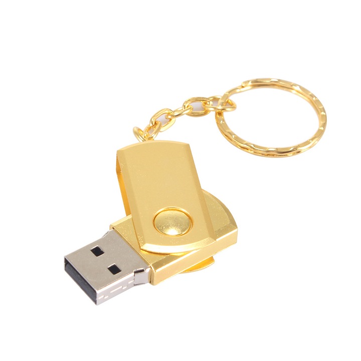 USB флаш памет, 32 GB капацитет, 360° въртящ се дизайн, включва приставка за ключодържател, висока скорост на четене/запис, компактна и преносима, златисто покритие
