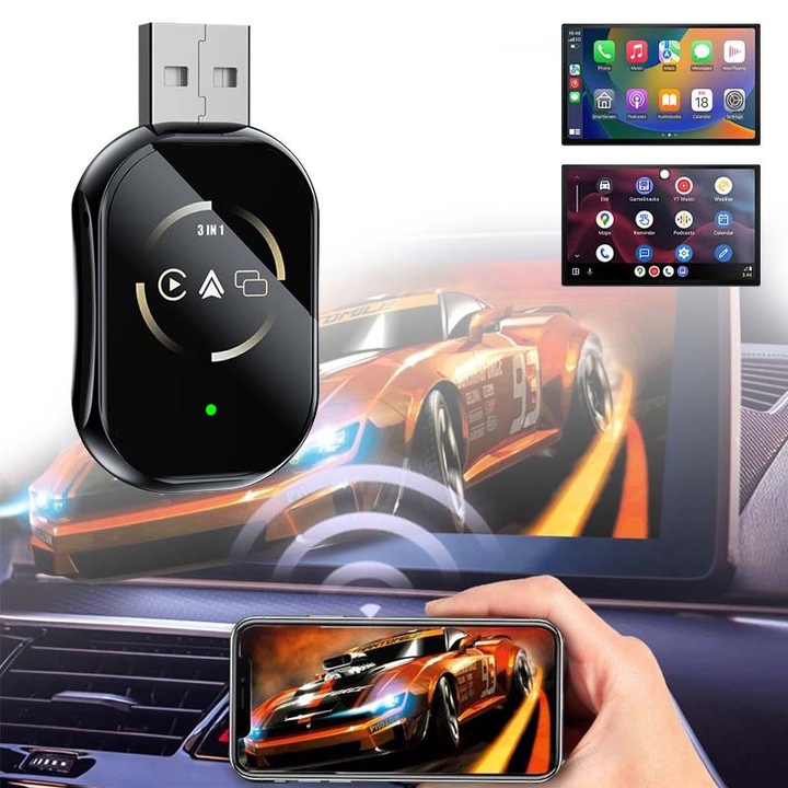 Adaptor auto wireless 3 in 1 iPhone Carplay, Oglindire a ecranului, Acest model suporta mirroring pe Android, converteste ios/Android Auto prin cablu in wireless, Control vocal, conectivitate Bluetooth si Wi-Fi 5GHz, Negru