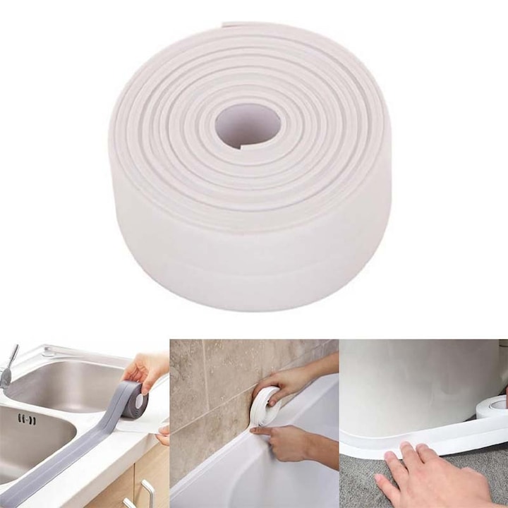 Banda adeziva etansare PVC, Impermeabil, Grosime 0,7mm, Latime 3.8cm, Lungime 5m, Aderenta ridicata, Nu lasa urme, Taiere libera, Ideal pentru: bucatarie, dulapuri, baie - zone predispuse la umezeala si mucegai