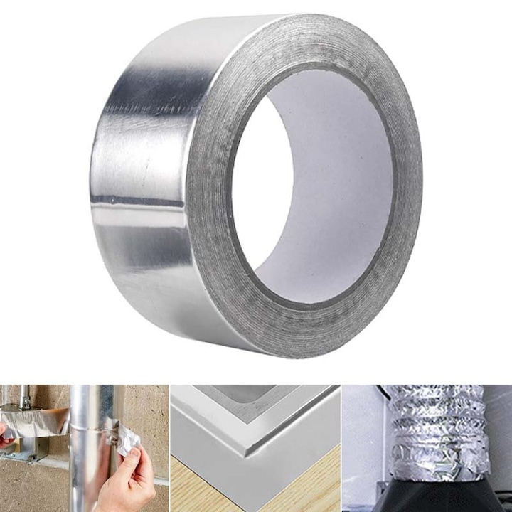 Banda adeziva din Aluminiu, Impermeabil, Grosime 0,1mm, Latime 4.8cm, Lungime 10m, Aderenta ridicata, Nu lasa urme, Taiere libera, Ideal pentru: bucatarie, dulapuri, baie - zone predispuse la umezeala si mucegai
