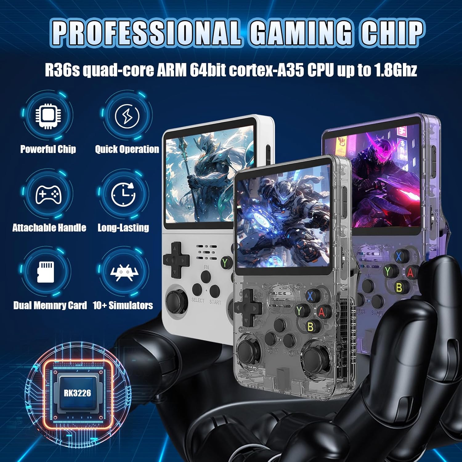 Consola R36S portabila retro, Bedee®, 32GB, cu Card Incorporat de 128GB, 21000 jocuri, ArkOS 2.0, IPS LCD 3.5", CPU RK3326, GPU MALI-G31MP2, Emulator N64 PSP PS1 PlayStation Sega, Alb
