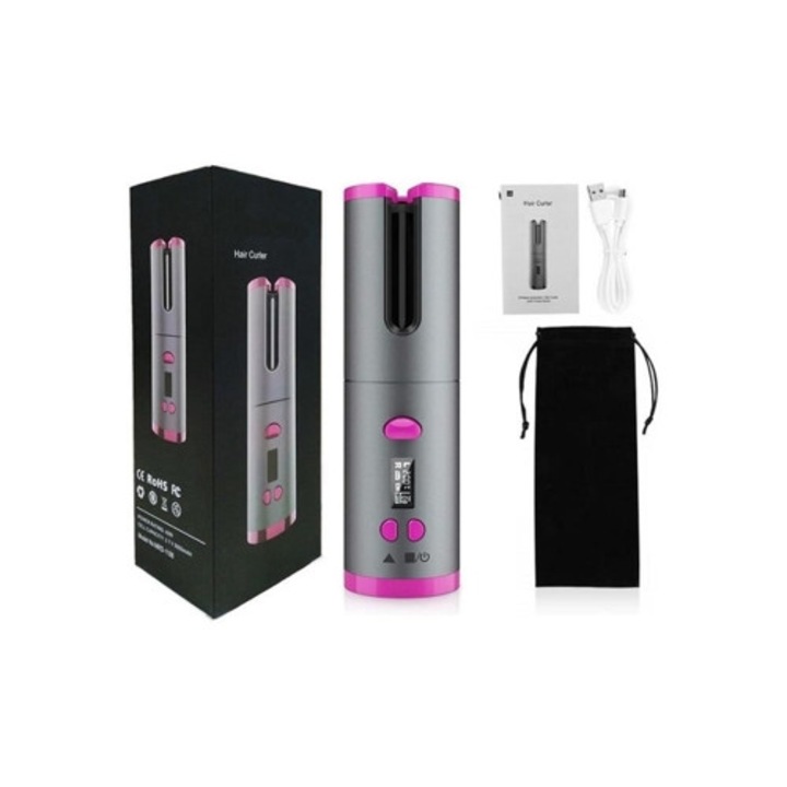 Автоматична въртяща се керамична маша 1 инч, сива, със U-образно зарядно устройство, комплект с кутия