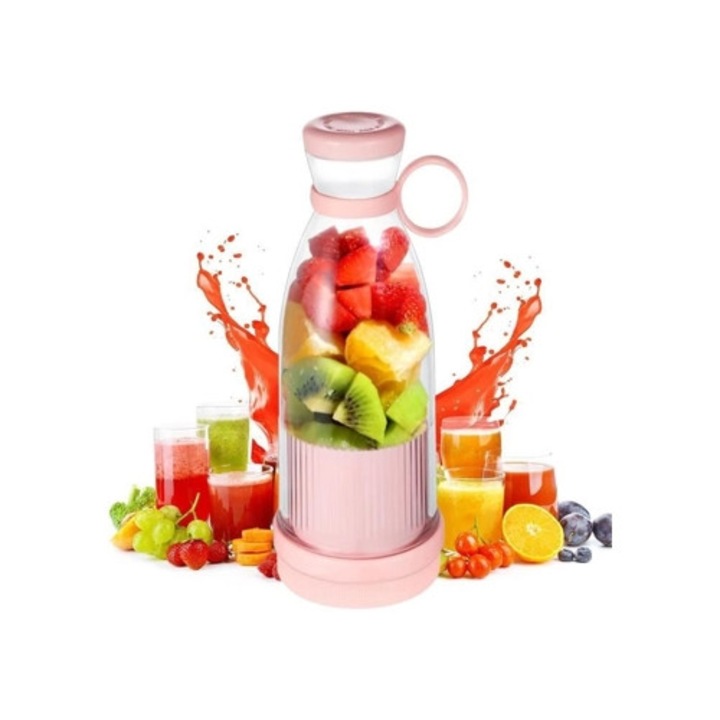 Blender electric portabil mini, 350ml, USB reincarcabil, roz