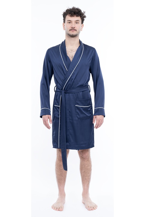 Halat pentru bărbați, albastru, mărimea S, satin de mătase, cu buzunare laterale