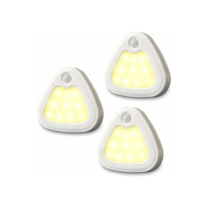 Set de 3 veioze cu senzor de miscare, 60 lm, LED, lumina calda, functionare pe baterii