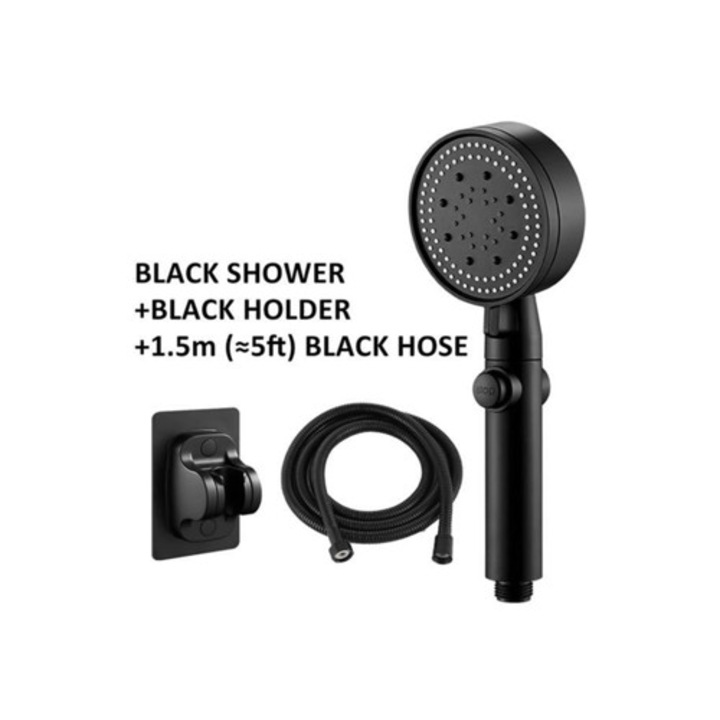 Set de dus cu cap de dus rotund, 3 piese, negru, 5 moduri ajustabile, presiune mare