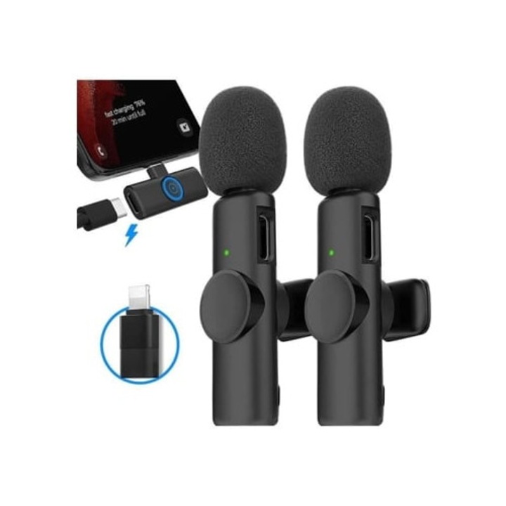 Microfon lavalier wireless profesional, 2.4GHz, pentru smartphone, iPhone, iPad, streaming TikTok, YouTube, Facebook