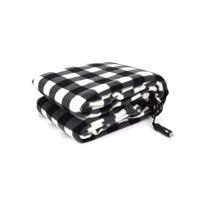 Patura electrica pentru masina, 12V, 145x100cm, polar fleece, alb-negru