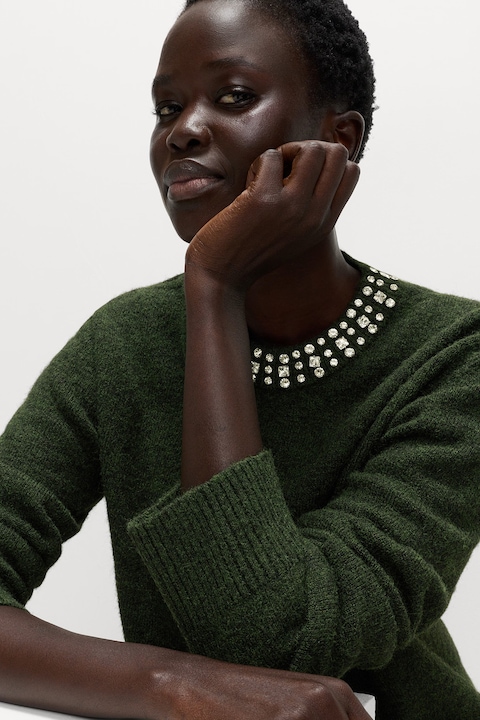 Marks & Spencer, Pulover din amestec de lana cu strasuri la decolteu, Kaki pal