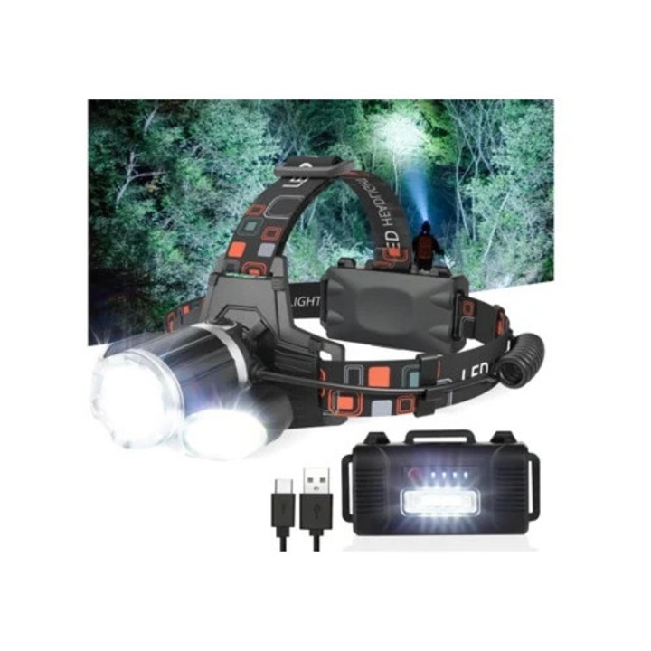 Lanterna frontala reincarcabila, IKIKSO, LED super luminos, 4 moduri, neagra