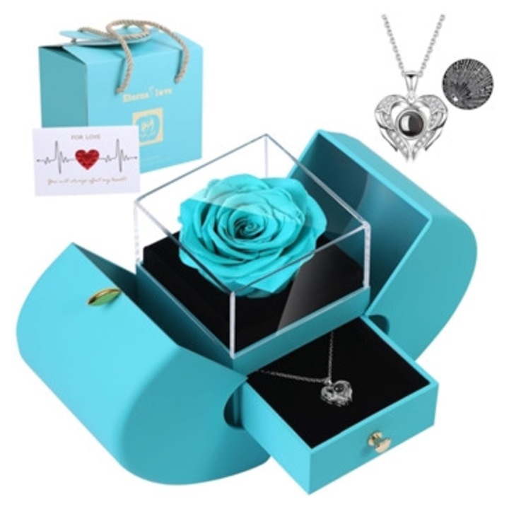 Colier cu trandafir etern Ushion, I Love You, cyan, bijuterii dama