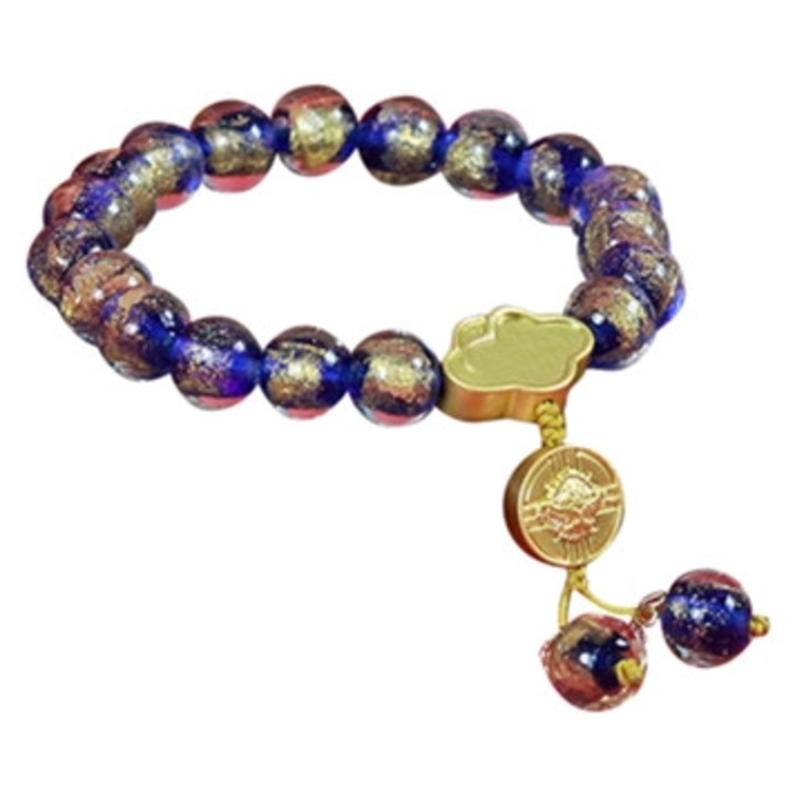 Bratara elastica din sticla cu frunze de aur, 10cm, albastra, set unisex