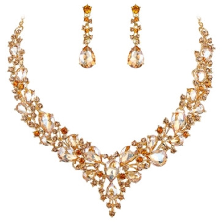 Set bijuterii de mireasa pentru femei, pandantiv cu cristale austriece, 12 piese, aurie champagne