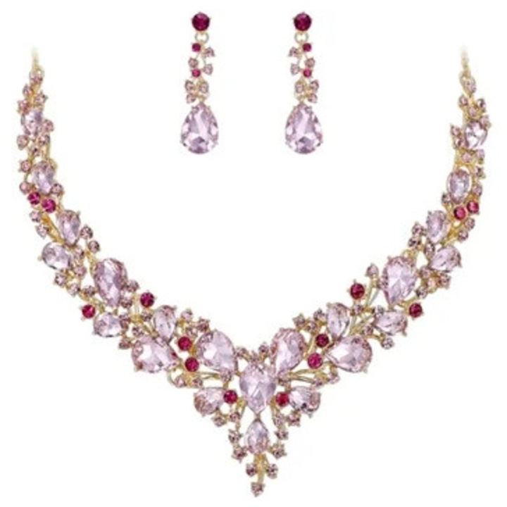 Set bijuterii de mireasa pentru femei, pandantiv cu cristale austriece, 20 piese, ton roz aurit.