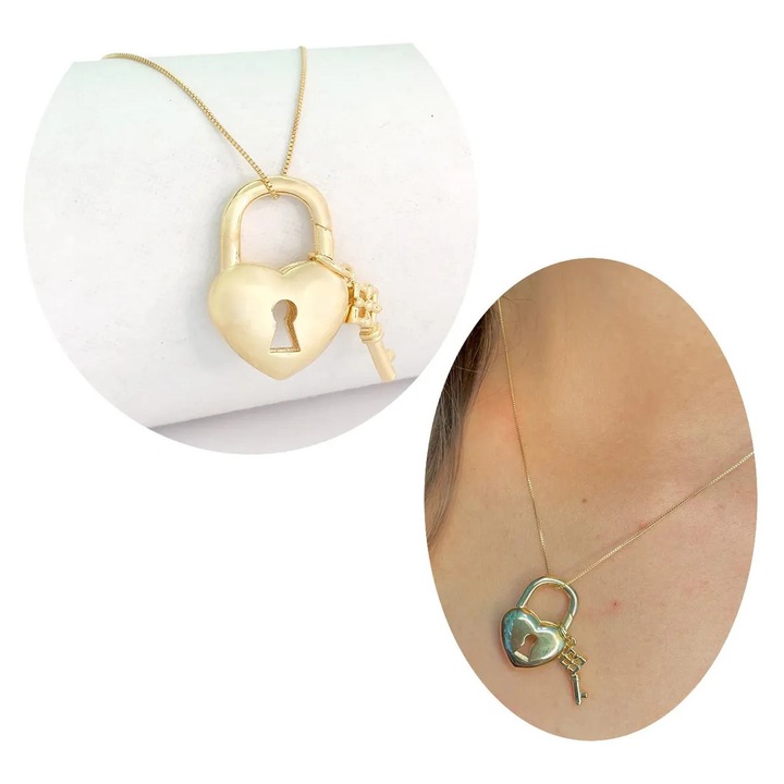 Colier dama cu pandantiv in forma de inima si lacat, bijuterii semipretioase, multicolor