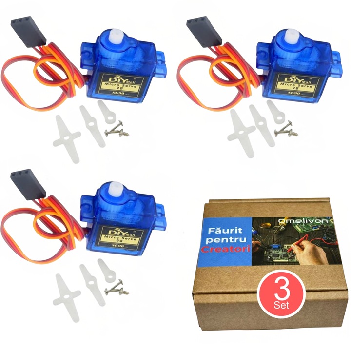 Set 3x Servo pentru Avioane cu Aripi Fixe, Servo Drive RC, 9g/12g cu Angrenaje din Plastic, Compatibil Arduino si Robotica DIY, Ideal pentru Proiecte DIY si Modelism